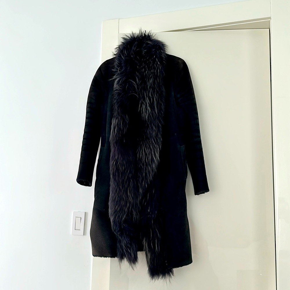 Dannis basso shearling coat dark blue original with natural blue fox fur decor
